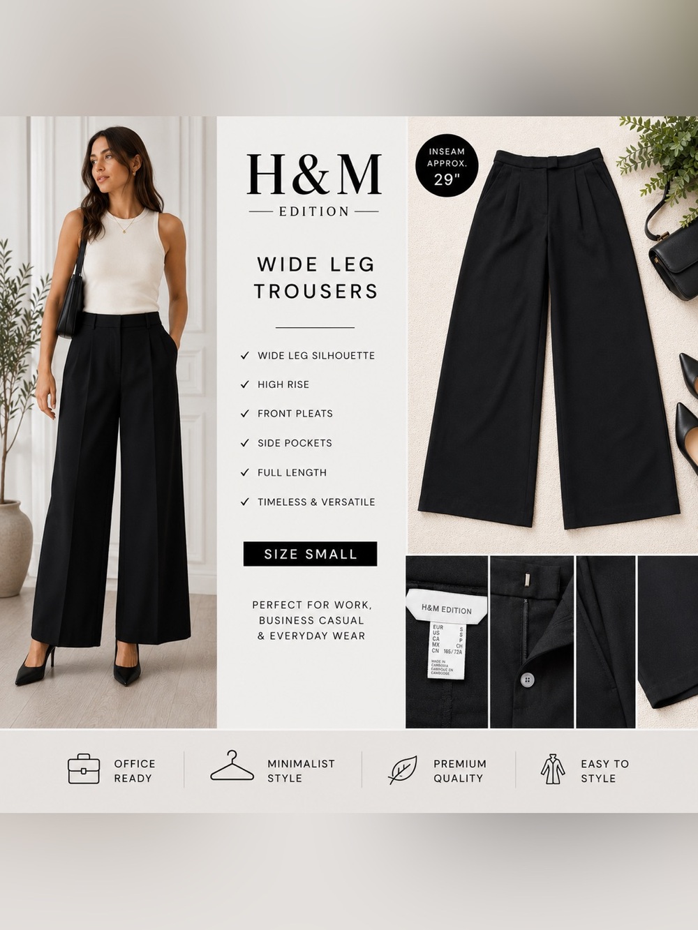 H&M Edition Black Wide Leg Full Length Trousers Size Small High Rise Career Work